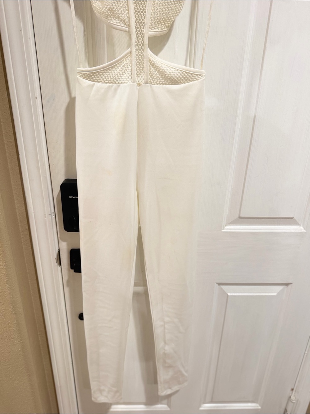 White Mesh Halter Cutout Jumpsuit - Picture 2 of 6